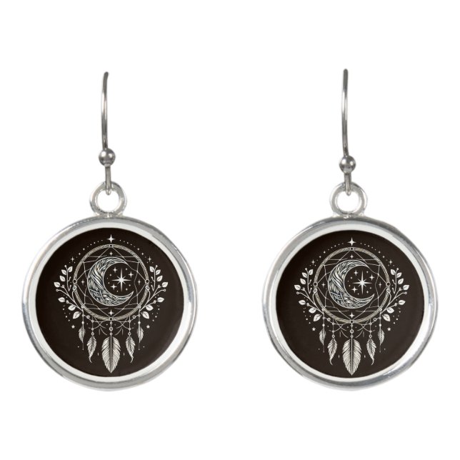 Ethereal Crescent Moon Dreamcatcher Celestial Boho Earrings (Front)