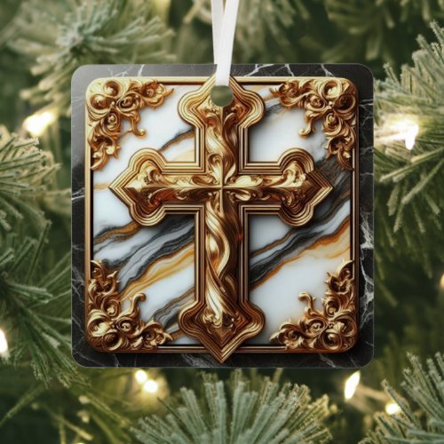 Ethereal Cross Carved in White Marble Metal Ornament