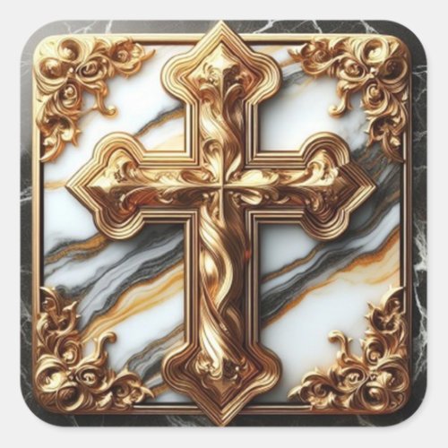 Ethereal Cross Carved in White Marble Square Sticker