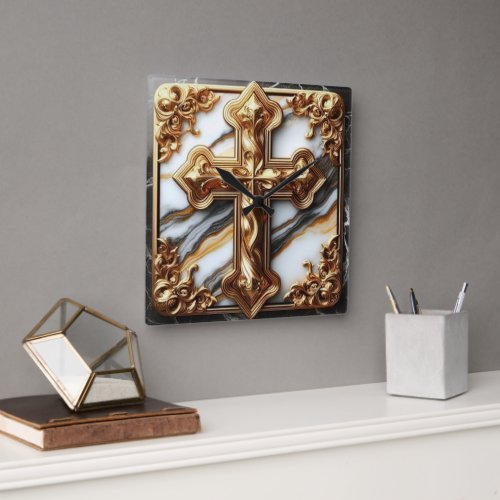 Ethereal Cross Carved in White Marble Square Wall Clock