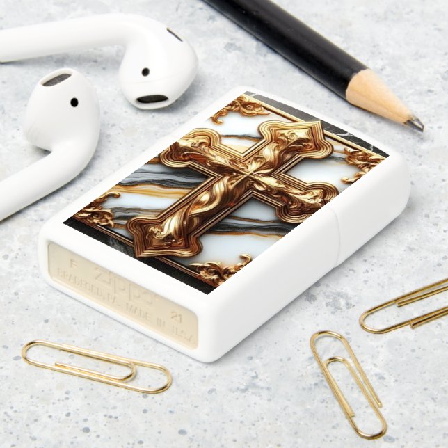 Ethereal Cross Carved in White Marble Zippo Lighter (On Table 2)
