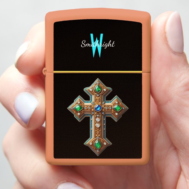 Ethereal Cross of Azure and Emerald Zippo Lighter (In Hand)