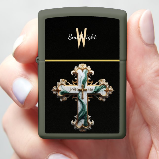 Ethereal Cross of Green and White Zippo Lighter (In Hand)