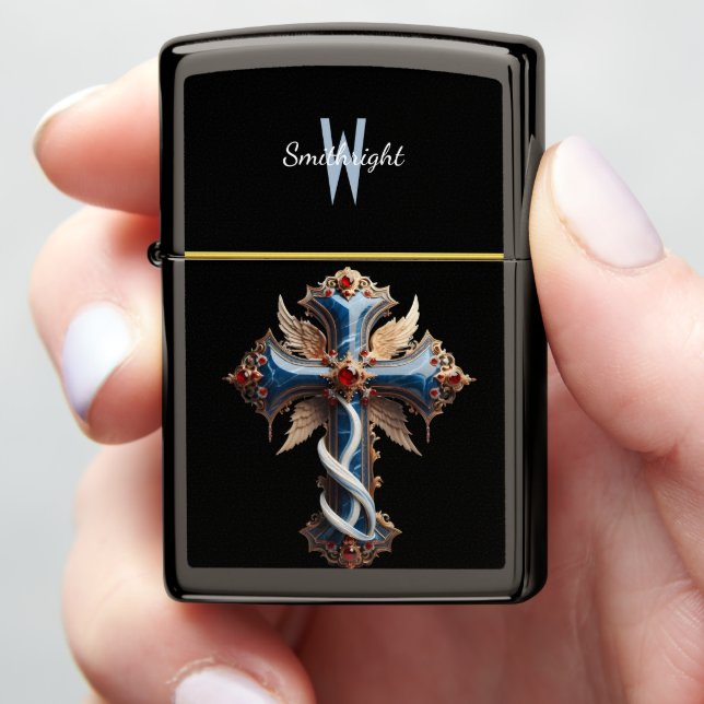 Ethereal Cross With Azure Wings and Crimson Gems Zippo Lighter (In Hand)
