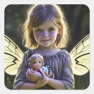 Ethereal Cute Little Fairy Girl with Doll Square Sticker