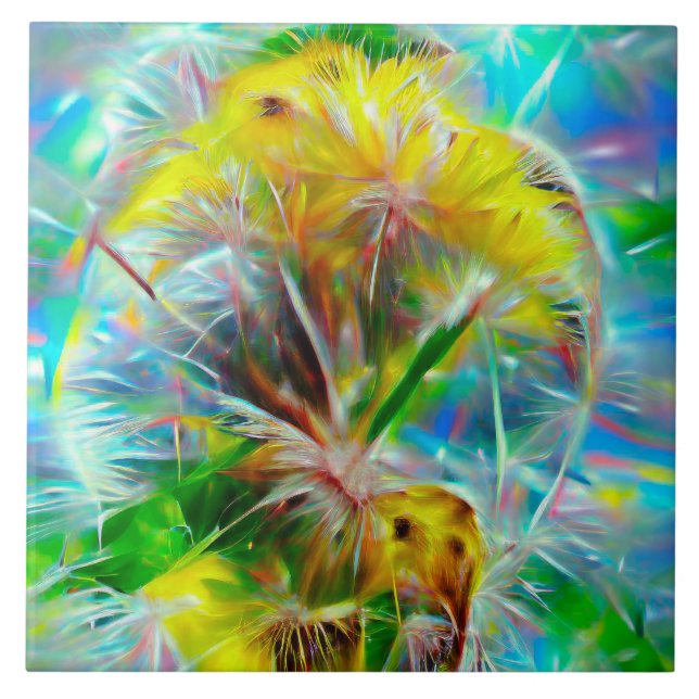 Ethereal Dandelions in Neon Dreamscape Ceramic Tile (Front)
