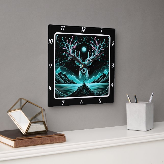 Ethereal Deer Glow Square Wall Clock (Office)
