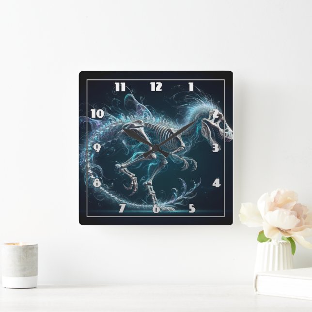 Ethereal Dinosaur Skeleton in Motion at Night Square Wall Clock (Home)