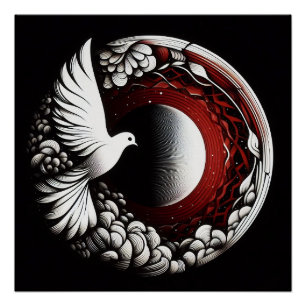 Ethereal Dove Planet – Noir Ink and Red Mandala Poster