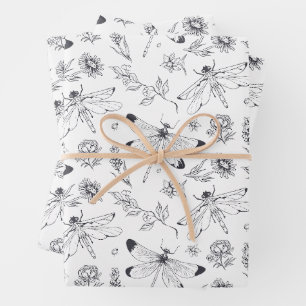 Ethereal Dragonfly & Botanical Line Art Pattern Wrapping Paper Sheets