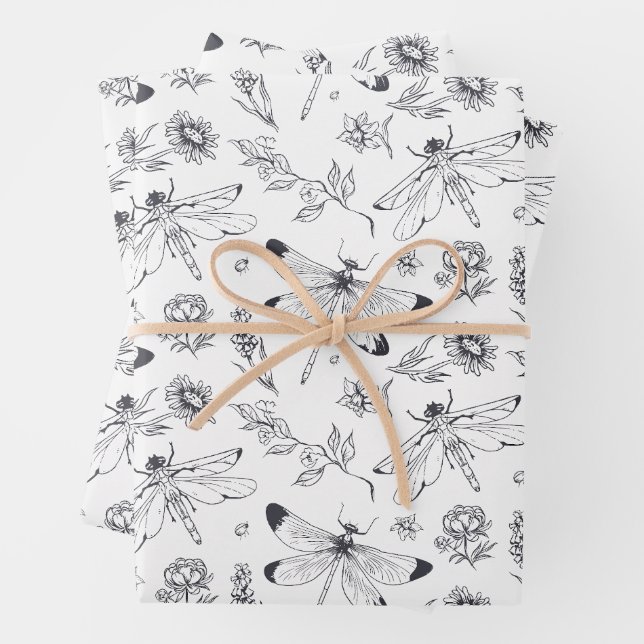 Ethereal Dragonfly & Botanical Line Art Pattern Wrapping Paper Sheets (In situ)