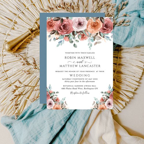 Ethereal Dusty Blue and Blush Peach Floral Wedding Invitation