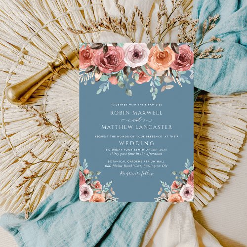 Ethereal Dusty Blue and Blush Peach Floral Wedding Invitation