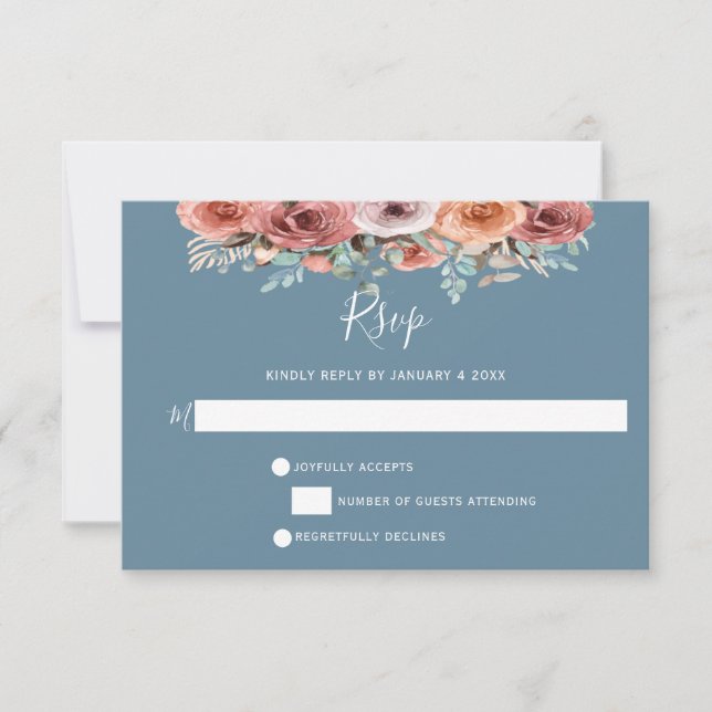 Ethereal Dusty Blue, Blush and Peach Floral RSVP Card (Front)