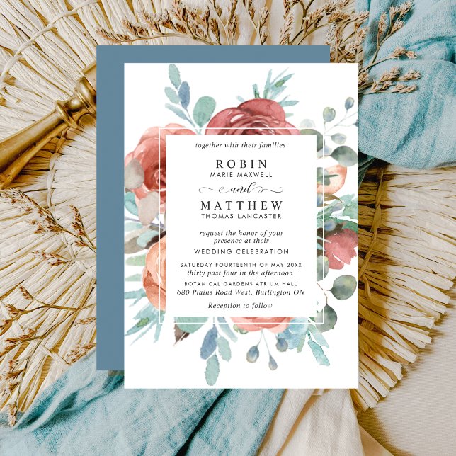 Ethereal Dusty Blue,Blush Peach Botanical Wedding Invitation