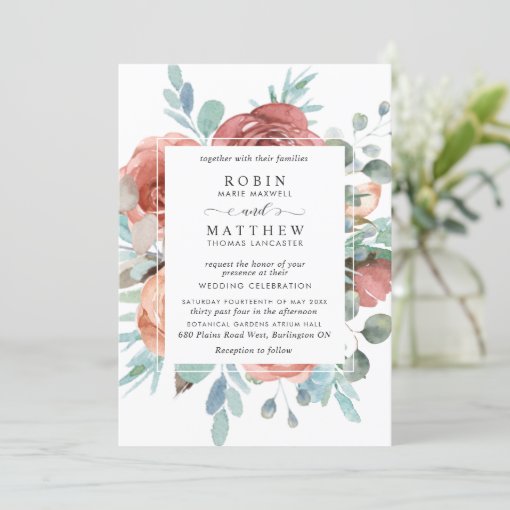 Ethereal Dusty Blue,Blush Peach Botanical Wedding Invitation | Zazzle