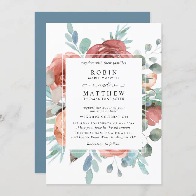 Ethereal Dusty Blue,Blush Peach Botanical Wedding Invitation | Zazzle