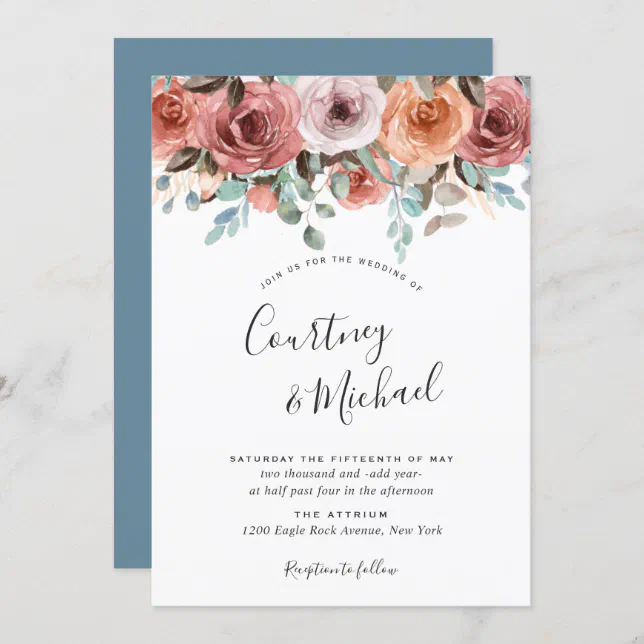 Ethereal Dusty Blue, Blush Peach Floral Wedding Invitation | Zazzle