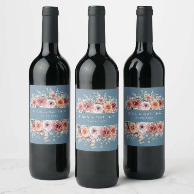 Ethereal Dusty Blue, Blush Pink Floral Beverage / Wine Label (Bottles)