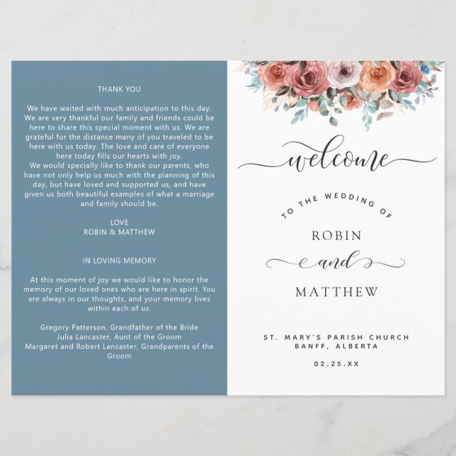 Ethereal Dusty Blue, Floral Wedding Program (Front)