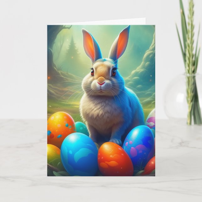 Ethereal Easter Bunny with Eggs Forest Holiday Card (Front)