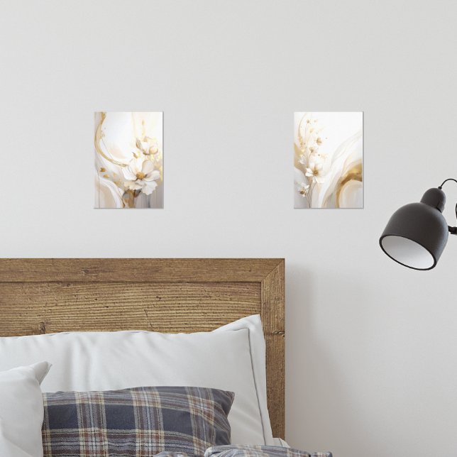 Ethereal Elegance: Abstract White Blooms with Flui Wall Art Sets (Bedroom)