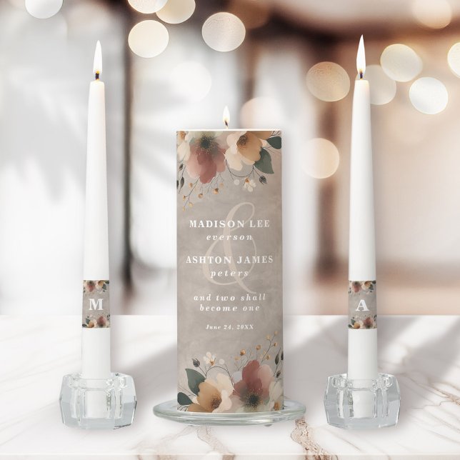 Ethereal Elegance Beige Floral Wedding Ceremony Unity Candle Set (Light your way to forever with our cottagecore Unity Candle Set, beautifully capturing your union.)