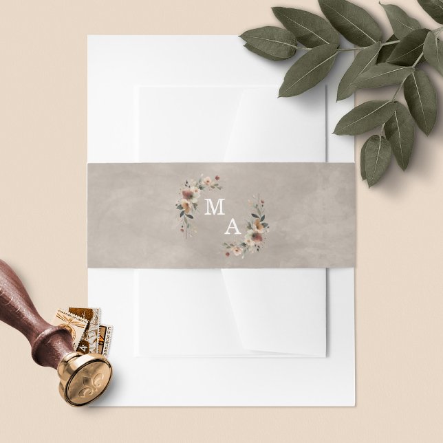 Ethereal Elegance Beige Taupe Monogram Wedding Invitation Belly Band (Wrap your invites in style with our floral monogram belly bands, in 6 boho colorways.)
