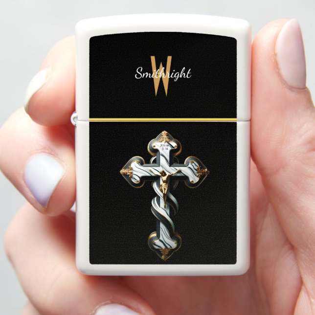 Ethereal Elegance: Black, White, and Gold Cross Zippo Lighter (In Hand)
