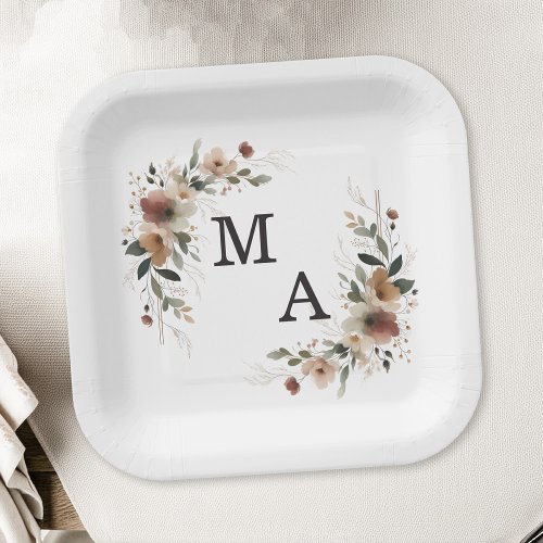 Ethereal Elegance Floral Wreath Wedding Monogram Paper Plates