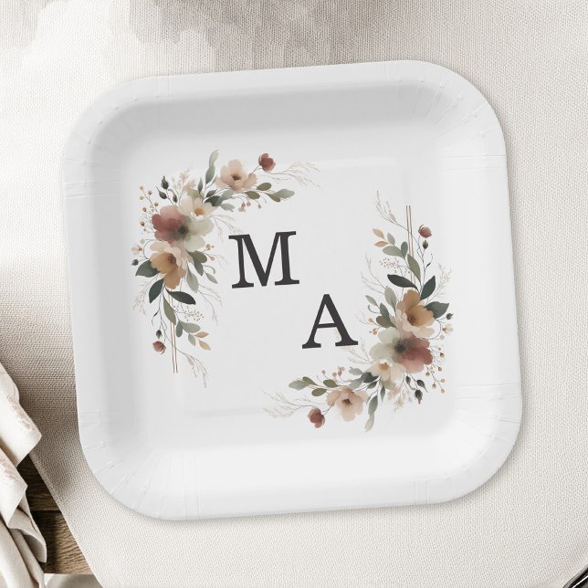 Ethereal Elegance Floral Wreath Wedding Monogram Paper Plates (Decorate your celebration table in elegance with our monogrammed plates in 6 chic hues.)