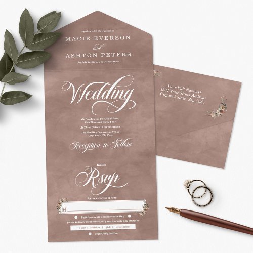 Ethereal Elegance Rosewood Boho Watercolor Wedding All In One Invitation