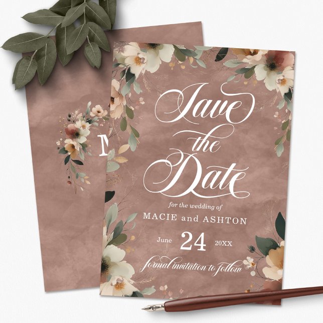 Ethereal Elegance Rosewood Watercolor Wedding Save The Date (Step into a world where love and nature intertwine, with our Ethereal Elegance Save the Dates.)