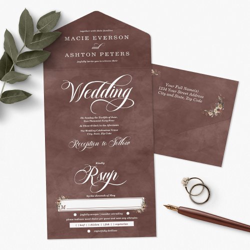 Ethereal Elegance Rustic Garnet Watercolor Wedding All In One Invitation