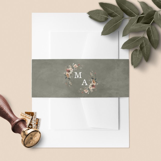 Ethereal Elegance Sage Green Monogram Wedding Invitation Belly Band (Wrap your invites in style with our floral monogram belly bands, in 6 boho colorways.)