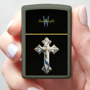 Ethereal Elegance: White and Gold Cross Zippo Lighter