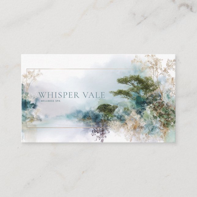 Ethereal Emerald Forest Gold Watercolor Abstract Business Card (Front)