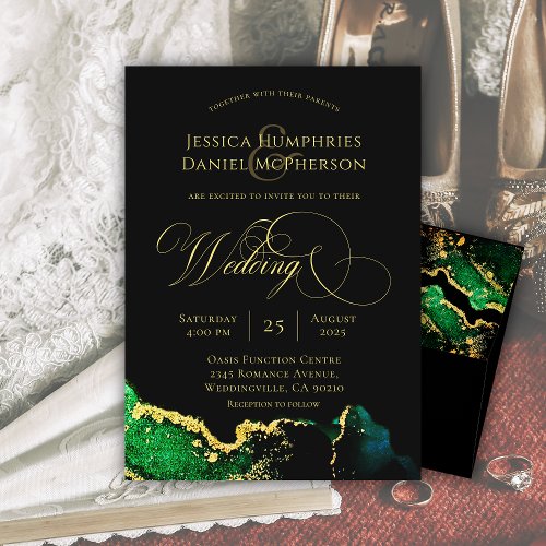 Ethereal Emerald Green Gold Wedding Invitation