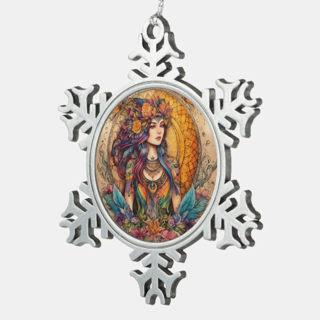Ethereal Essence: A Mystical Ink Drawing Snowflake Pewter Christmas Ornament (Right)