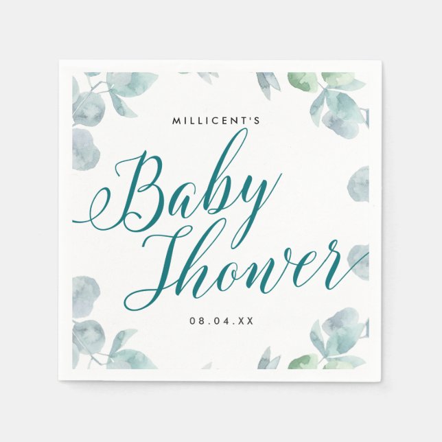 Ethereal Eucalyptus Calligraphic Baby Shower Napkins (Front)