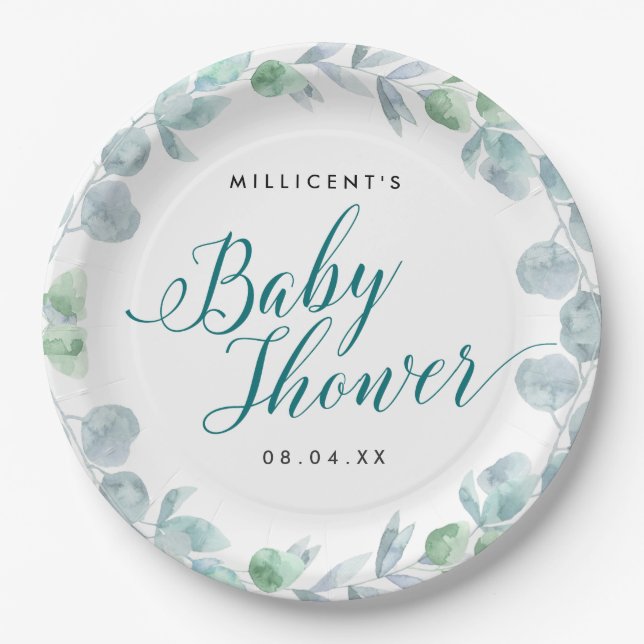 Ethereal Eucalyptus Calligraphic Baby Shower Paper Plates (Front)