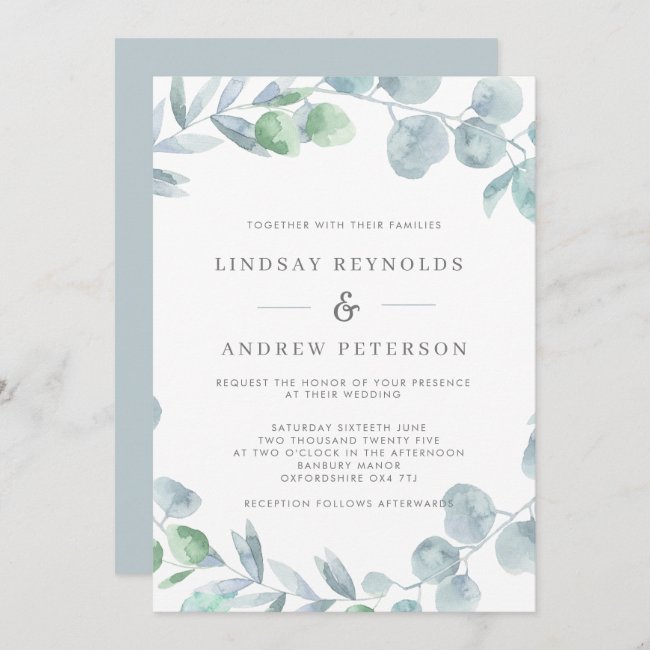 Ethereal Eucalyptus Dusty Blue Wedding Invitation