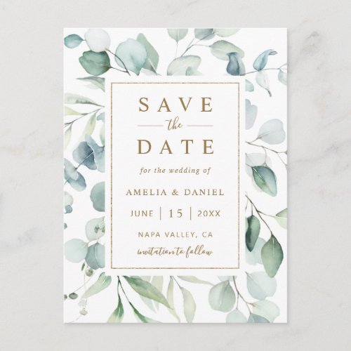 Ethereal Eucalyptus Gold Green Save the Date Announcement Postcard