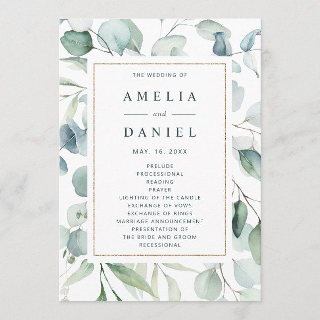 Ethereal Eucalyptus Gold Greenery Wedding Program (Front)