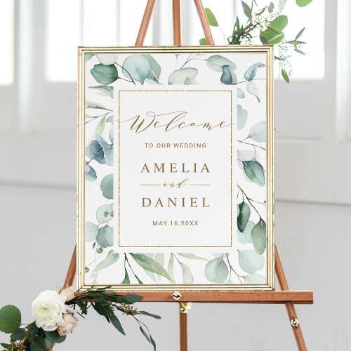 Ethereal Eucalyptus Gold Greenery Wedding Welcome  Poster