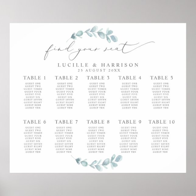 Ethereal Eucalyptus Wedding Seating Plan Poster (Front)