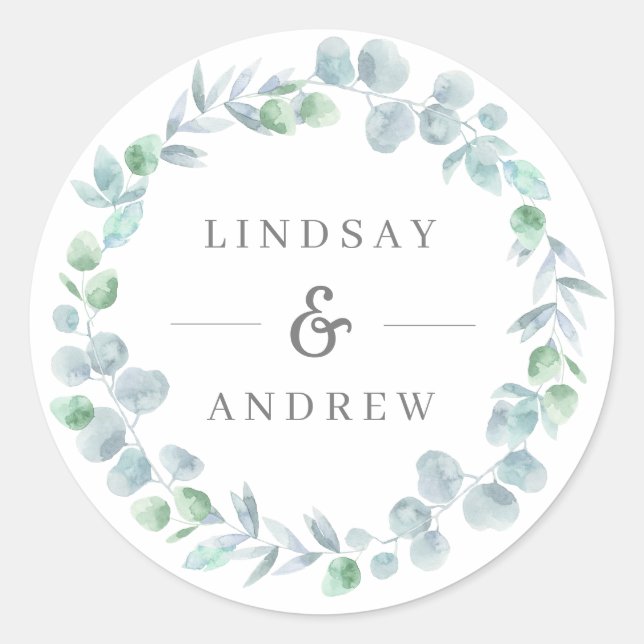 Ethereal Eucalyptus Wreath Blue Wedding Favor Seal (Front)