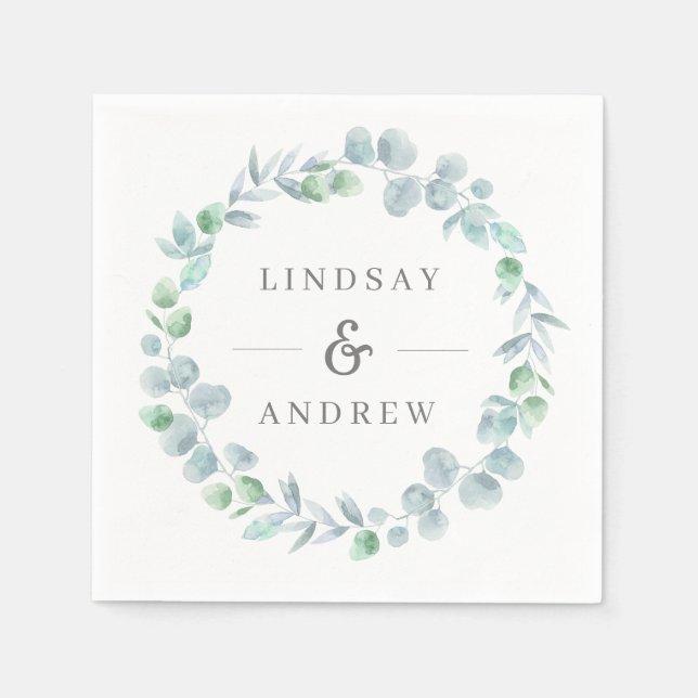 Ethereal Eucalyptus Wreath Dusty Blue Wedding Napkins (Front)