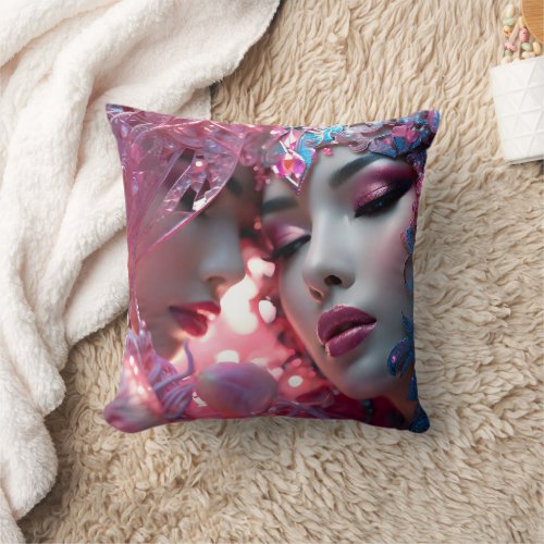 Ethereal Faces Adorned in Colorful Floral Designs Throw Pillow