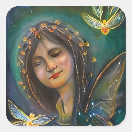 Ethereal Fairy Girl and Golden Butterfly Square Sticker